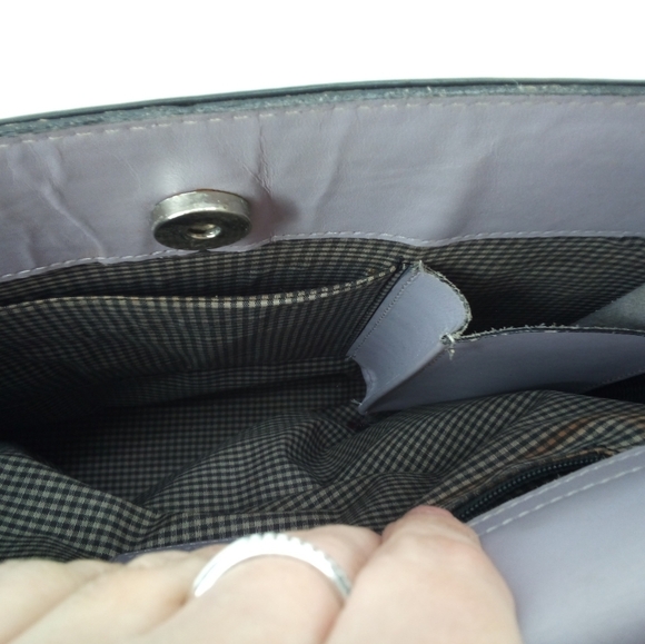 Franklin Covey Full Grain Leather Black Shoulder Bag Lavender Closure Gingham - Picture 6 of 16